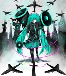  airplane alternate_costume angry aqua_eyes aqua_hair armband bad_anatomy belt black_legwear boots cable cord foreshortening gloves hair_over_one_eye hatsune_miku highres holding koi_wa_sensou_(vocaloid) long_hair long_skirt looking_at_viewer megaphone military necktie pale_skin pantyhose sirnoa skirt solo thigh-highs thigh_boots thighhighs tsurime twintails very_long_hair vocaloid walking 