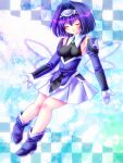  blue_hair breasts checkered checkered_background closed_eyes detached_sleeves dress eyes_closed gloves gradient_hair hair_intakes hairband kelvena minatosaiga multicolored_hair purple_hair shoes short_hair smile solo xenogears 