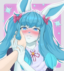  1girl animal_ears blue_eyes commission glaceon humanization ice long_hair looking_at_viewer maid meme pokemon pokemon_(creature) portrait rabbit_ears simple_background tervainir 