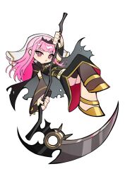  black_cape black_nails cape commentary detached_sleeves english_commentary full_body haku_rege highres holding holding_scythe hololive hololive_english long_hair looking_at_viewer mori_calliope panty_&amp;_stocking_with_garterbelt_(style) pink_eyes pink_hair scythe simple_background torn_cape torn_clothes white_background wide_sleeves 