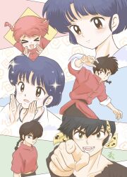  >_< 2boys 2girls absurdres bandana black_hair blue_eyes blue_hair braid brown_eyes chacha_r_a character_and_genderswap chinese_clothes closed_mouth commentary_request fangs hands_up hibiki_ryouga highres long_hair multiple_boys multiple_girls open_mouth pointing pointing_at_viewer ranma_1/2 red_hair saotome_ranma saotome_ranma_(female) saotome_ranma_(male) short_hair single_braid smile tangzhuang tearing_up tendou_akane yellow_bandana 