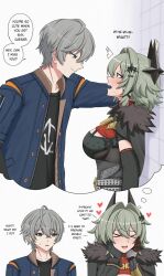 1boy 1girl caesar_king_(zenless_zone_zero) kabedon long_hair short_hair wise_(zenless_zone_zero) zenless_zone_zero