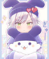  1girl :3 :d absurdres androgynous animal_ears animal_hat beanie black_hat blush commentary_request cosplay creature crossover fake_animal_ears green_eyes hat hat_ornament heart heart_hat_ornament highres hinomori_shiho holding holding_creature hood hood_down hoodie long_sleeves looking_at_viewer meemen mimitchi mimitchi_(cosplay) outline pixel_heart pout project_sekai rabbit rabbit_ears rabbit_hat short_hair sleeves_past_fingers sleeves_past_wrists smile solid_circle_eyes solo_focus sparkle swept_bangs tamagotchi tamagotchi_(creature) translation_request upper_body white_hair white_hoodie 