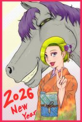 1boy 1girl bianca_(dq5) blue_eyes dragon_quest dragon_quest_v eyeshadow flower_hair_ornament green_hair grey_skin horse_boy jami kimono netorare new_year painted_nails pink_eyeshadow purple_hair smirk yellow_eyes