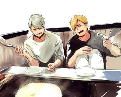  2boys arm_up black_hair black_shirt blonde_hair brothers commentary_request crew_neck food grey_hair haikyuu!! hibachi_(object) holding holding_utensil indoors looking_to_the_side male_focus miya_atsumu miya_osamu multicolored_hair multiple_boys narrowed_eyes open_mouth pants parted_bangs plate rice round_teeth shirt short_hair short_sleeves siblings sideways_glance sitting teeth twins two-tone_hair very_short_hair white_pants white_shirt y_kabara yellow_eyes 