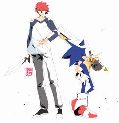  2boys absurdres animal_nose blue_fur can3ko commentary emiya_shirou english_commentary fate/stay_night fate_(series) fox_boy furry furry_male gloves hedgehog_boy highres holding holding_sword holding_weapon kanshou_&amp;_bakuya_(fate) magic_circuit male_focus messy_hair multiple_boys red_hair red_shoes shirt shoes sonic_(series) sonic_the_hedgehog spiky_hair sword t-shirt weapon white_gloves 