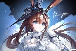  1girl :< absurdres amiya_(arknights) amiya_(guard)_(arknights) amiya_(guard)_(in_a_myriad_of_universes)_(arknights) animal_ears arknights black_hat blue_eyes brown_hair center_frills character_name closed_mouth commission fingernails frills hair_between_eyes hand_on_own_chest hat highres jewelry light_particles long_hair looking_at_viewer mihuashi_commission multiple_rings official_alternate_costume ring shirt sleeves_past_wrists solo sparkle upper_body white_shirt yu_yu_baofan 