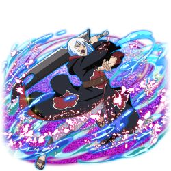  1boy akatsuki_uniform black_coat coat grey_hair grey_pants holding holding_sword holding_weapon hoozuki_mangetsu huge_weapon looking_at_viewer naruto_(series) naruto_shippuuden:_ultimate_ninja_blazing official_art open_mouth pants print_coat sandals sharp_teeth sword teeth violet_eyes weapon 