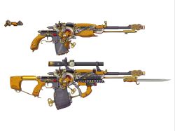  absurdres assault_rifle bayonet blood blood_on_weapon clockwork commentary_request drum_magazine dual_sights foregrip gears gun highres magazine_(weapon) no_humans pixel_art rifle terraria weapon weapon_focus white_background wu_yu_bobosha 