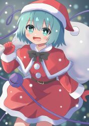  1girl :d absurdres belt black_belt black_bow black_bowtie blurry blurry_background blush bow bowtie bright_pupils capelet christmas commentary_request cowboy_shot disembodied_linked_eye dress fur-trimmed_capelet fur-trimmed_dress fur-trimmed_headwear fur-trimmed_sleeves fur_trim green_eyes green_hair hair_between_eyes hat high_meron highres holding holding_sack komeiji_koishi long_sleeves looking_at_viewer open_mouth red_capelet red_dress red_hat sack santa_costume santa_dress santa_hat short_hair smile solo touhou white_pupils 