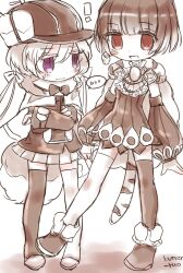  ! 2girls asymmetrical_legwear black_hair black_thighhighs butter_run cape commentary_request detached_sleeves detec_bell detective hat highres lapis_lazuline magical_girl mahou_shoujo_ikusei_keikaku mahou_shoujo_ikusei_keikaku_restart mismatched_legwear multiple_girls red_eyes shoes short_hair skirt tail thigh-highs violet_eyes white_thighhighs 