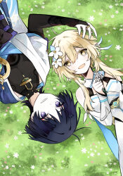  1boy 1girl animal_print aqua_gem armor bare_shoulders belt bird_print black_belt black_bodysuit black_bow black_bridal_gauntlets blonde_hair blue_feathers blue_flower blue_kimono blue_sleeves blue_trim blunt_ends blush bodysuit bow breasts bridal_gauntlets choppy_bangs clenched_hand commentary_request covered_collarbone detached_sleeves dress eyelashes eyeliner feather_hair_ornament feathers fingernails flower furisode gem genshin_impact gloves gold gold_ring gradient_feathers grass hair_between_eyes hair_flower hair_ornament halterneck highres holding holding_flower japanese_armor japanese_clothes juban kimono kote kurokote kusa_013yyds layered_sleeves looking_at_another looking_at_viewer lumine_(genshin_impact) lying makeup mandarin_collar medium_breasts middle_ring multicolored_flower on_back on_ground open_clothes open_kimono open_mouth parted_lips partially_fingerless_gloves pink_flower purple_rope purple_sash red_eyeliner rope sash scaramouche_(genshin_impact) scarf short_hair short_hair_with_long_locks short_sleeves shoulder_peek sidelocks smile tsurime vambraces violet_eyes vision_(genshin_impact) wanderer_(genshin_impact) white_dress white_feathers white_flower white_kimono white_mouth white_scarf white_sleeves wolf_cut yellow_eyes yellow_pupils 