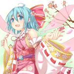  :d ? ahoge alternate_element alternate_wings blue_eyes blue_hair blush bow cherry_blossoms cirno dango detached_sleeves efe face flower food food_on_face hair_bow hair_flower hair_ornament japanese_clothes open_mouth short_hair smile solo touhou wagashi wings â‘¨ 