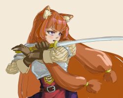  1girl absurdres alternate_eye_color animal_ear_fluff animal_ears armor belt black_dress blunt_bangs blush breastplate brown_armor brown_belt brown_hair commentary dress english_commentary gauntlets grey_armor highres holding holding_sword holding_weapon japthebaptist katana layered_dress leather_armor long_hair long_sleeves metal_arm_cuffs open_mouth pauldrons pinstripe_dress pinstripe_pattern raccoon_ears raccoon_girl raphtalia red_dress shoulder_armor simple_background single_pauldron sketch sleeveless sleeveless_dress solo straight_hair sword tate_no_yuusha_no_nariagari teeth two-tone_dress upper_body upper_teeth_only v-shaped_eyebrows violet_eyes weapon white_background white_dress 