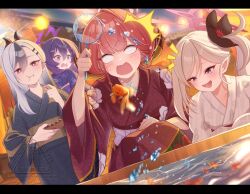  4girls ^^^ alternate_costume aru_(blue_archive) black_flower black_hair black_horns black_kimono blank_eyes blue_archive blue_sky blurry blurry_background bright_pupils broken brown_horns chieru_(pixiv_124058144) commentary_request demon_horns earclip eating festival fish flower food full_mouth goldfish goldfish_scooping gradient_hair grey_halo hair_flower hair_ornament hairclip halo hanging_lantern haruka_(blue_archive) highres holding holding_tray horns japanese_clothes kayoko_(blue_archive) kimono letterboxed long_hair low_horns market_stall motion_blur multicolored_hair multiple_girls mutsuki_(blue_archive) night open_mouth orange_halo outdoors pointy_ears problem_solver_68_(blue_archive) purple_hair purple_horns purple_kimono red_eyes red_hair red_halo red_kimono side_ponytail sky slit_pupils squatting standing summer_festival surprised takoyaki tray two-tone_hair violet_eyes water watermark white_hair white_kimono white_pupils yukata 