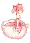  bad_id bow bubble_skirt dress frills gloves hair_ribbon jewelry kaname_madoka magical_girl mahou_shoujo_madoka_magica pink_eyes pink_hair ribbon sad short_hair short_twintails sitting solo twintails wensui white_gloves 