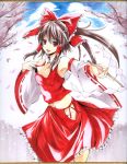  armpits atoshi bare_shoulders bow cherry_blossoms detached_sleeves dress hair_bow hakurei_reimu japanese_clothes midriff miko millipen_(medium) no_panties outstretched_arm red_dress red_eyes shikishi smile solo touhou traditional_media tree 