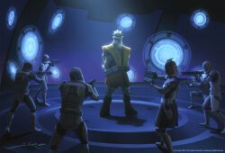  501st_legion 6+boys aiming armor arms_behind_back blaster_(star_wars) captain_rex clone_trooper dual_wielding extra_arms full_armor gun helmet highres holding holding_gun holding_weapon joshua_cairos multiple_boys on_one_knee pong_krell star_wars star_wars:_the_clone_wars_(2008_tv_series) watermark weapon white_armor white_helmet 