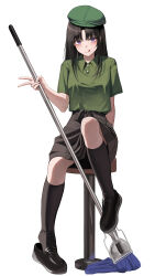  1girl absurdres awa_subaru black_hair black_shoes black_skirt black_socks commentary girls_band_cry green_hat green_shirt hat highres holding holding_mop kneehighs korean_commentary licking_lips loafers long_hair mata_tab1 mop parted_bangs shirt shoe_dangle shoes short_hair sitting skirt socks solo tongue tongue_out v violet_eyes 