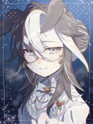  1girl animal_ears blue_eyes bow brown_hair colored_bangs commentary_request dream_journey_(snow-white_dreamland)_(umamusume) dream_journey_(umamusume) dress eyewear_strap glasses hair_between_eyes hair_bun highres horse_ears horse_girl long_hair looking_at_viewer mistletoe multicolored_hair official_alternate_costume semikoron1082 single_hair_intake smile solo streaked_hair two-tone_hair umamusume white_dress white_hair 
