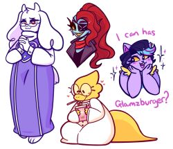  4girls :3 :d alphys animal_ears black_eyeshadow black_hair black_jacket black_shirt blue_hair blue_skin blush catty_(undertale) coat colored_sclera colored_skin commentary delta_rune_print dinosaur_girl dinosaur_tail english_commentary english_text eyepatch eyeshadow fins fish_girl food furry furry_female glasses goat_ears goat_girl goat_horns goat_tail grin hands_on_own_face head_fins heart horns i_can_has_cheezburger?_(meme) jacket lab_coat long_hair long_sleeves looking_at_viewer makeup meme monster_girl multicolored_hair multiple_girls open_clothes open_jacket own_hands_together pankekie pocky pocky_strawberry purple_fur purple_robe red_eyes red_hair red_scarf reptile_girl robe round_eyewear scarf sharp_teeth shirt short_hair simple_background smile sparkle tail teeth thick_lineart toriel two-tone_hair undertale undyne utdr_(toby_fox) white_background white_coat white_fur yellow_sclera 