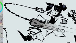  1girl art_program_in_frame art_program_request black_hair black_tank_top blank_eyes commentary dynamic_pose edith_(teknodice) english_commentary gloves grey_background hair_bun holding holding_mace holding_weapon mace motion_lines no_pupils oekaki original simple_background sketch solid_eyes sound_effects spiked_mace spikes tank_top teknodice weapon 