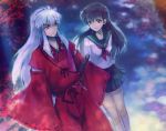  bad_id black_hair brown_eyes dog_ears higurashi_kagome inuyasha inuyasha_(character) japanese_clothes long_hair mg_(3458) school_uniform serafuku sword weapon white_hair yellow_eyes 