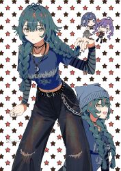  3girls alternate_costume alternate_hairstyle beanie belt blue_shirt braid chibi chibi_inset choker closed_mouth commentary_request crescent crescent_necklace denim expressionless feet_out_of_frame gakuen_idolmaster green_eyes green_hair grey_hat hair_over_shoulder hat hataya_misuzu highres holding_own_hair idolmaster jeans jewelry kaya_rinha layered_sleeves leaning_forward long_hair long_sleeves looking_at_viewer low_twin_braids midriff multiple_girls multiple_rings multiple_views necklace pants purple_hair ring shirt short_over_long_sleeves short_sleeves smile standing star_(symbol) star_symbol_background striped_sleeves studded_belt studs tight_clothes tight_shirt tomiyu_(tomipon605) torn_clothes torn_jeans torn_pants tsukimura_temari twin_braids wallet_chain white_background 