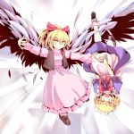  blonde_hair bow culter dress fangs gengetsu hair_bow highres maid maid_headdress mugetsu mugetsu_(touhou) multiple_girls outstretched_arms pink_dress pointy_ears touhou touhou_(pc-98) upside-down vest wings yellow_eyes 