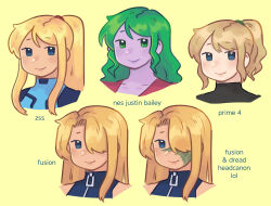 blonde_hair blue_eyes colored_skin commentary english_commentary english_text green_eyes green_hair highres hoshizora_lone justin_bailey looking_at_viewer metroid metroid_(classic) metroid_dread metroid_fusion metroid_prime_4:_beyond multiple_persona purple_skin samus_aran scar scar_on_face simple_background smile zero_suit zipper_pull_tab 