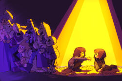  2others 3boys 3girls :d alphys asgore_dreemurr brown_hair chara_(undertale) chronocrump colored_skin fish_girl fist_pump frisk_(undertale) furry furry_female furry_male highres horns multiple_boys multiple_girls multiple_others offering_hand_to_another papyrus_(undertale) reptile_girl sans_(undertale) sitting skeleton smile spotlight squatting striped_clothes striped_sweater sweater toriel undertale undyne utdr_(toby_fox) walking yellow_skin yokozuwari 
