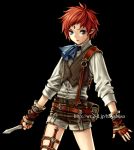  ascot belt blue_eyes dagger fingerless_gloves forehead_jewel gloves male pointy_ears red_hair redhead shorts simple_background solo vest weapon wizardry yuki_hayabusa 