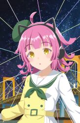  1girl :o absurdres ahoge animal_ear_headphones animal_ears belt beret blush bridge commentary_request dress eyelashes fake_animal_ears green_hat green_neckerchief hat headphones highres long_sleeves love_live! love_live!_nijigasaki_high_school_idol_club mirai_harmony neckerchief night open_mouth pink_hair sailor_collar sky solo split-color_clothes star_(sky) starry_sky tennoji_rina toshiaki_(tosiaki1019) two-tone_dress upper_body white_dress white_sailor_collar yellow_belt yellow_dress yellow_eyes 