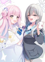  2girls armband asymmetrical_docking black_jacket black_necktie blonde_hair blue_archive blue_armband blue_bow blue_bowtie blue_shirt blush bow bowtie breast_press breasts collared_shirt commentary_request cup disposable_cup dress feathered_wings flower grey_hair hair_between_eyes hair_bun hair_flower hair_ornament halo highres holding holding_cup jacket konoka_(blue_archive) long_hair long_sleeves looking_at_viewer low_wings mika_(blue_archive) multicolored_hair multiple_girls necktie nino_(shira) open_clothes open_jacket open_mouth pink_hair purple_flower scrunchie shirt simple_background single_side_bun sparkle streaked_hair white_background wing_ornament wings wrist_scrunchie 