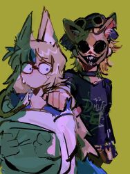  absurdres ahoge animal_ear_fluff animal_ears blonde_hair blue_streaks choker dooby dooby_(halloween) facial_tattoo fins fish_girl fish_tail goggles hand_on_another's_shoulder hat highres indie_virtual_youtuber jewelry long_sleeves low_twintails mask multicolored_hair parqufear pillow sameko_saba short_hair star_(symbol) streaked_hair sweat tail tattoo twintails virtual_youtuber 