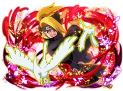  1boy akatsuki_uniform bird black_boots black_coat blonde_hair blue_eyes boots coat deidara_(naruto) forehead_protector grin iwagakure_symbol long_hair looking_at_viewer mechanical_eyes naruto_(series) naruto_shippuuden naruto_shippuuden:_ultimate_ninja_blazing official_art open-toe_boots ponytail print_coat single_mechanical_eye smile 