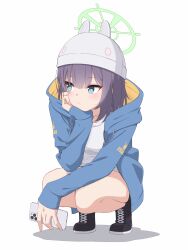  1girl absurdres blue_archive cellphone closed_mouth commentary_request green_eyes green_halo hair_between_eyes halo hand_on_own_cheek hand_on_own_face highres holding holding_phone hood hooded_jacket hoodie iphone jacket looking_at_viewer phone plasbott purple_hair saki_(blue_archive) simple_background smartphone solo thighs white_background 