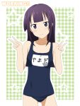  bangs bare_shoulders blunt_bangs clothes_writing clothing_writing collarbone double_v ikari_manatsu long_hair looking_at_viewer name_tag purple_eyes purple_hair school_swimsuit smile solo standing star swimsuit tsurime v violet_eyes working!! yamada_aoi 