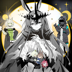  1other 2girls amiya_(arknights) amiya_(furnace's_finale)_(arknights) animal_ears arknights arm_behind_back azurebird bare_shoulders black_coat black_dress chibi chinese_commentary civilight_eterna_(arknights) closed_mouth coat commentary_request crescent_moon doctor_(arknights) dress green_dress green_eyes hair_between_eyes halter_dress halterneck hood hood_up hooded_coat kal'tsit_(arknights) long_hair long_sleeves looking_at_viewer material_growth moon multiple_girls nymph nymph_(arknights) off_shoulder oripathy_lesion_(arknights) partially_colored robe smile star_(symbol) sun_symbol thumbs_up torn_clothes torn_dress white_robe 