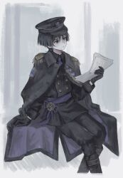  1boy aiguillette alternate_costume arm_at_side black_boots black_cloak black_gloves black_hair black_hat black_jacket black_pants black_sleeves blunt_ends blush boots buttons choppy_bangs cloak collared_cloak collared_jacket double-breasted epaulettes eyeliner fatui_logo genshin_impact gloves gold grey_background hand_up hat highres holding holding_paper jacket long_sleeves makeup male_focus military_uniform mitsudomoe_(shape) necktie pants paper parted_lips peaked_cap purple_cloak purple_necktie purple_rope purple_sash red_eyeliner rope sash scaramouche_(genshin_impact) scaramouche_(harbinger)_(genshin_impact) shimenawa sitting solo tomoe_(symbol) tsurime two-sided_cloak two-sided_fabric violet_eyes white_rope wing_collar wolf_cut yoruli_e 