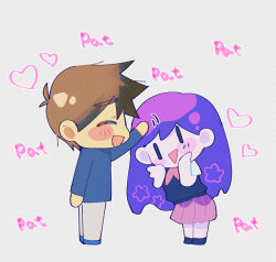  1boy 1girl antenna_hair bilingual_commentary black_sweater_vest blue_sweater blush brown_hair chibi chibi_only closed_eyes commentary dark-skinned_male dark_skin double-parted_bangs english_commentary fusion grey_pants hair_between_eyes hand_on_another's_head headpat hero_(faraway)_(omori) hero_(omori) invisible_floor long_hair long_sleeves mari_(headspace)_(omori) mari_(omori) maromichan mixed-language_commentary mutantheart_(omori) neckerchief omori open_mouth pants pleated_skirt purple_hair red_neckerchief red_skirt shirt short_hair short_sleeves skirt smile standing sweater sweater_vest white_shirt 