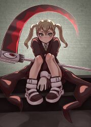  1girl black_shoes brown_hair collared_shirt gloves green_eyes green_necktie highres looking_at_viewer maka_albarn multicolored_shoes necktie scythe shirt shoes short_twintails sitting solo soul_eater troolou twintails two-tone_shoes white_gloves white_shirt white_shoes 