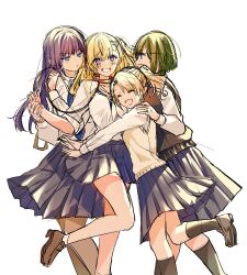  4girls :d ^_^ blonde_hair blue_eyes blue_necktie breasts brown_shoes brown_socks brown_sweater_vest chiyoko_hanamura closed_eyes collar commentary_request green_hair grin group_hug harem highres holding holding_leash hug kneehighs leash loafers long_hair long_sleeves looking_at_another looking_at_viewer medium_breasts medium_hair mimoto_(aszxdfcv) miniskirt multiple_girls necktie open_mouth pleated_skirt profile purple_hair purple_skirt red_collar sakura_sakine shirt shoes short_hair simple_background sketch skirt smile socks standing straight_hair sweater_vest violet_eyes white_background white_shirt yellow_sweater_vest yukishiro_mafuyu_(yuri_no_hajimari_wa_dorei_kara) yuri yuri_no_hajimari_wa_dorei_kara 