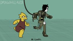  1boy 1girl alphys android animated animated_gif artist_name black_hair brown_dress commentary dragonclaude dress english_commentary english_text falling glasses laughing mettaton reptile_girl robot talking tile_floor tiles utdr_(toby_fox) walking wire 