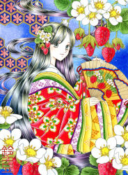  1girl absurdly_long_hair artist_name black_eyes closed_mouth colored_pencil_(medium) cowboy_shot floral_print floral_print_kimono flower folding_fan food food-themed_hair_ornament food_print from_side fruit fruit_print hair_flower hair_ornament hand_fan hand_up holding holding_fan japanese_clothes kimono layered_kimono long_hair long_sleeves looking_at_viewer looking_to_the_side original print_fan print_kimono red_kimono sleeves_past_wrists smile solo standing strawberry strawberry_blossoms strawberry_hair_ornament strawberry_print suzumame traditional_media very_long_hair white_flower white_kimono wide_sleeves 