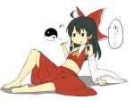  ahoge arm_support ascot barefoot belly detached_sleeves feet flat_gaze hakurei_reimu hiroya_juuren midriff miko navel sitting smirk solo stomach touhou yin_yang 