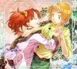  blonde_hair clain closed_eyes earrings eyes_closed flower fractale green_eyes hair_flower hair_ornament hands_clasped hands_together interlocked_fingers jewelry long_hair necklace nessa open_mouth red_hair redhead smile tsukasa_kinako twintails 