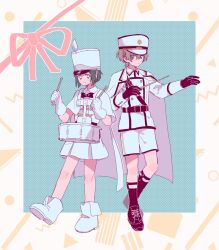  130g99 1girl 1other cape conductor_baton drumsticks es_(milgram) gloves hat height_difference highres holding holding_drumsticks looking_at_viewer marching_band milgram momose_amane official_alternate_costume shako_cap short_hair white_gloves 