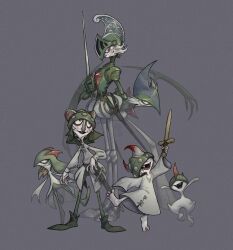  6+others abstract arm_behind_back arm_blade armor blood_on_armor blood_on_helmet bob_cut bowl_cut breastplate clothed_pokemon evolutionary_line gallade gauntlets green_armor green_hair green_helmet grey_background hair_over_eyes helmet highres holding holding_sword holding_weapon kirlia leviticus_rott mohawk multiple_others narrow_waist oversized_clothes oversized_shirt partial_humanization pauldrons pokemon pokemon_(creature) pokemon_focus ralts red_eyes sexual_dimorphism sharp_teeth sheath sheathed shirt shoulder_armor skinny skirt sweater sword teeth weapon white_fur white_skirt white_sweater wide_hips wooden_sword 