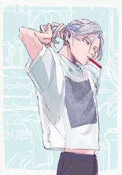  1boy bad_id bad_tumblr_id black_pants blue_background character_request copyright_request grey_hair half-closed_eyes highres ikapnmn2 male_focus midriff_peek pants print_shirt red_eyes shirt short_hair short_sleeves solo toothbrush toothbrush_in_mouth tying_hair white_shirt 